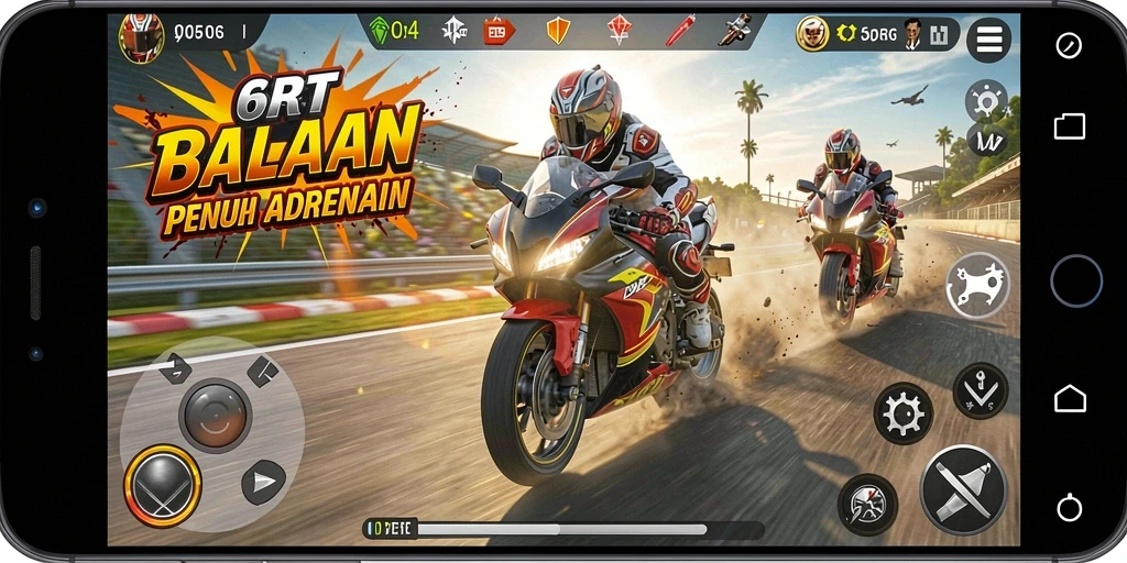 Tampilan gameplay balapan motor yang mendebarkan di 6RT.