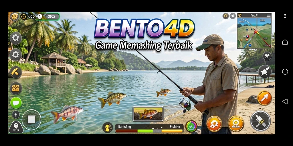 Screenshot gameplay BENTO4D dengan aksi memancing yang mendebarkan.
