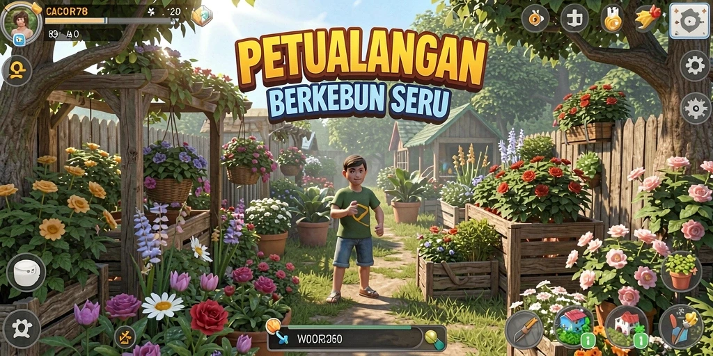 Tangkapan layar gameplay CACOR78 menampilkan aktivitas berkebun yang hidup dan interaktif.