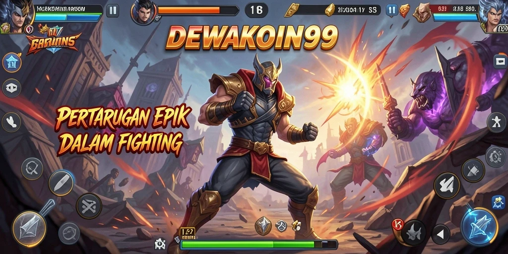 Screenshot pertarungan seru di DEWAKOIN99 menunjukkan aksi intens dalam gameplay Fighting.