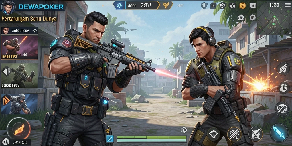Tampilan aksi seru dalam game FPS DEWAPOKER dengan grafis menarik.