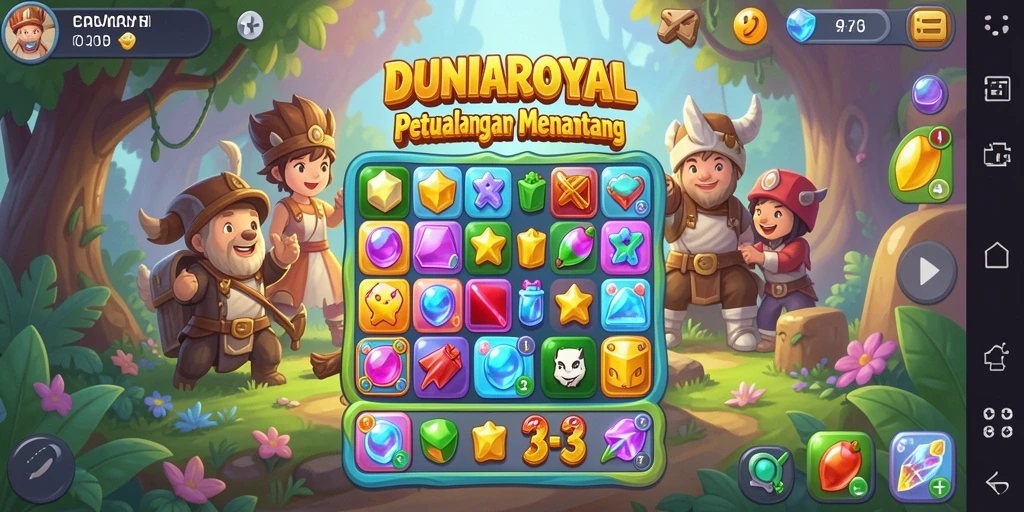 Screenshot gameplay DUNIAROYAL menampilkan level Match-3 yang penuh warna.
