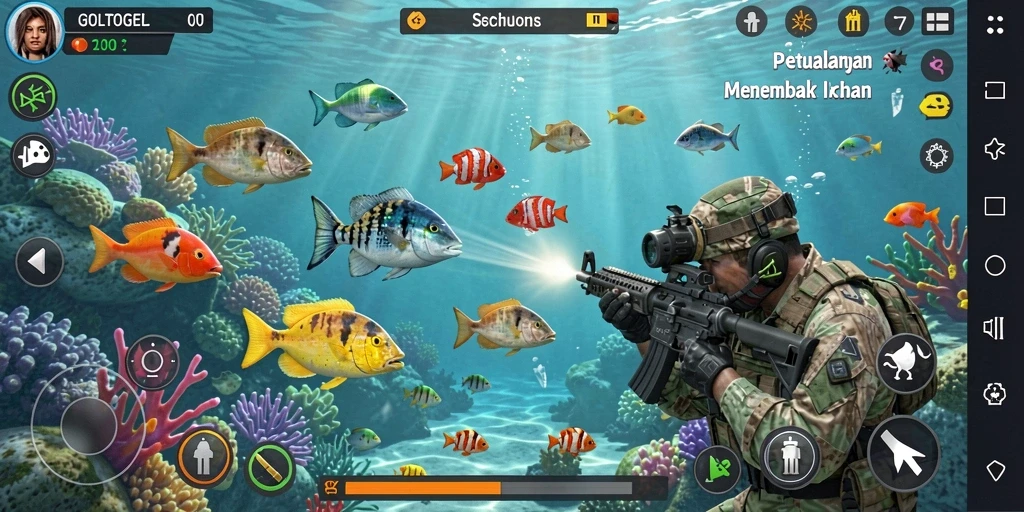 Screenshot gameplay GOLTOGEL menampilkan aksi seru menembak ikan.