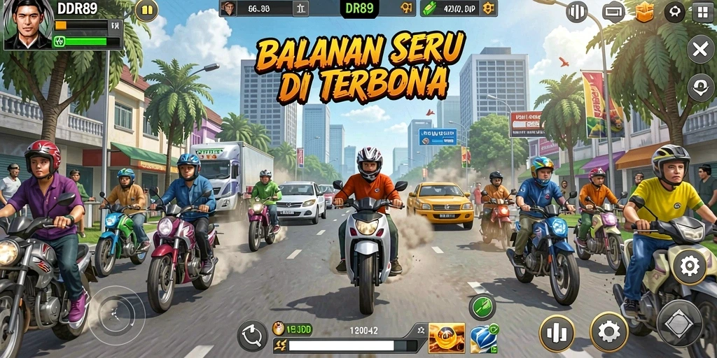 Tampilan gameplay balapan seru di IDR89 dengan mobil cepat.