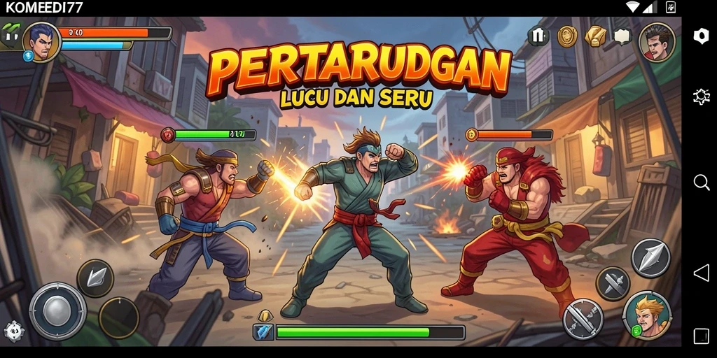 Screenshot KOMEDI77 menunjukkan pertarungan seru dengan karakter lucu.