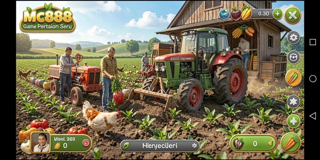 Tangkapan layar gameplay MC888 menampilkan suasana pertanian yang asri.