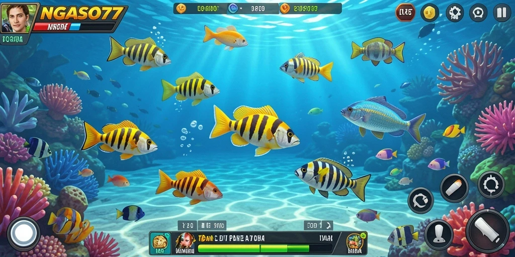 Tampilan gameplay NGASO77 dengan aksi tembak ikan yang seru.