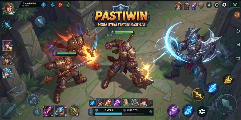 Screenshot PASTIWIN menampilkan aksi intens dalam pertempuran tim MOBA.