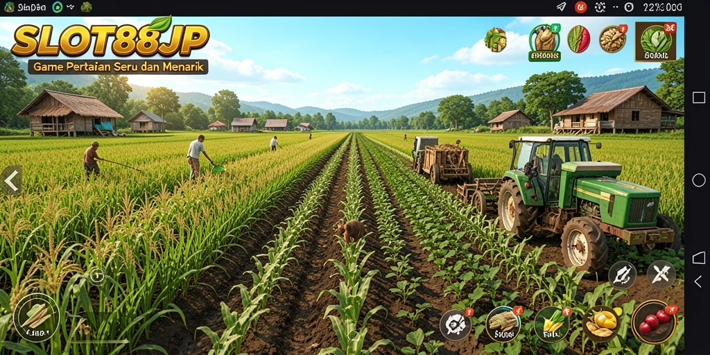 Screenshot menampilkan gameplay SLOT88JP dengan pertanian yang kaya.